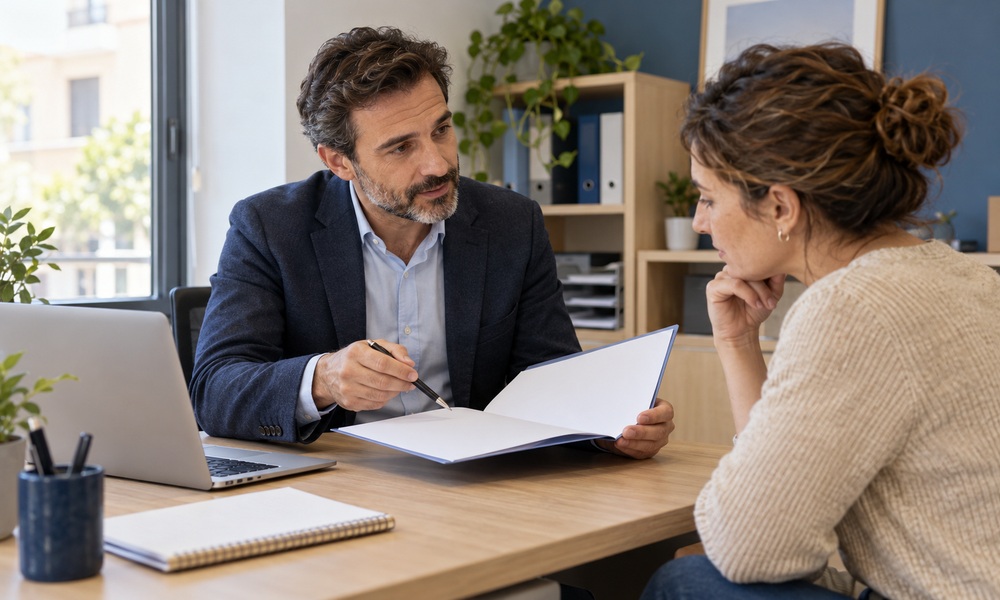 Profesional de una asesoría revisando documentación con un cliente en una reunión.