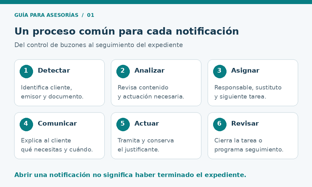 Proceso en seis pasos: detectar, analizar, asignar, comunicar, actuar y revisar.